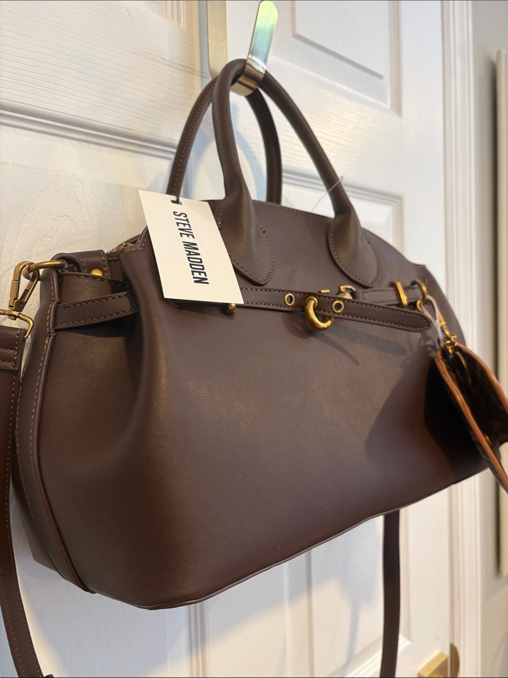BNWT Steve Madden Chocolate Brown Satchel with Leopard Charm Wallet - Picture 2 of 9